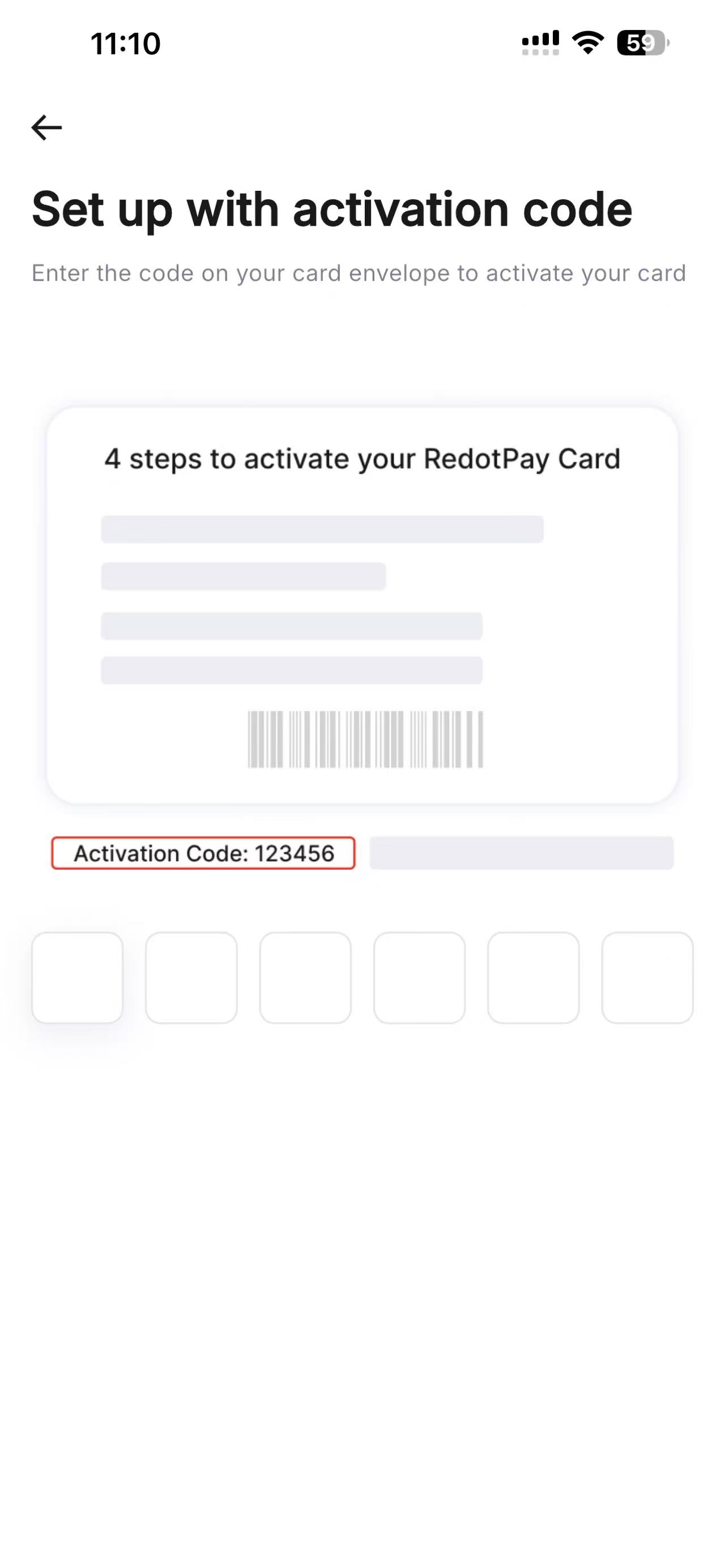 RedotPay activation code input screen