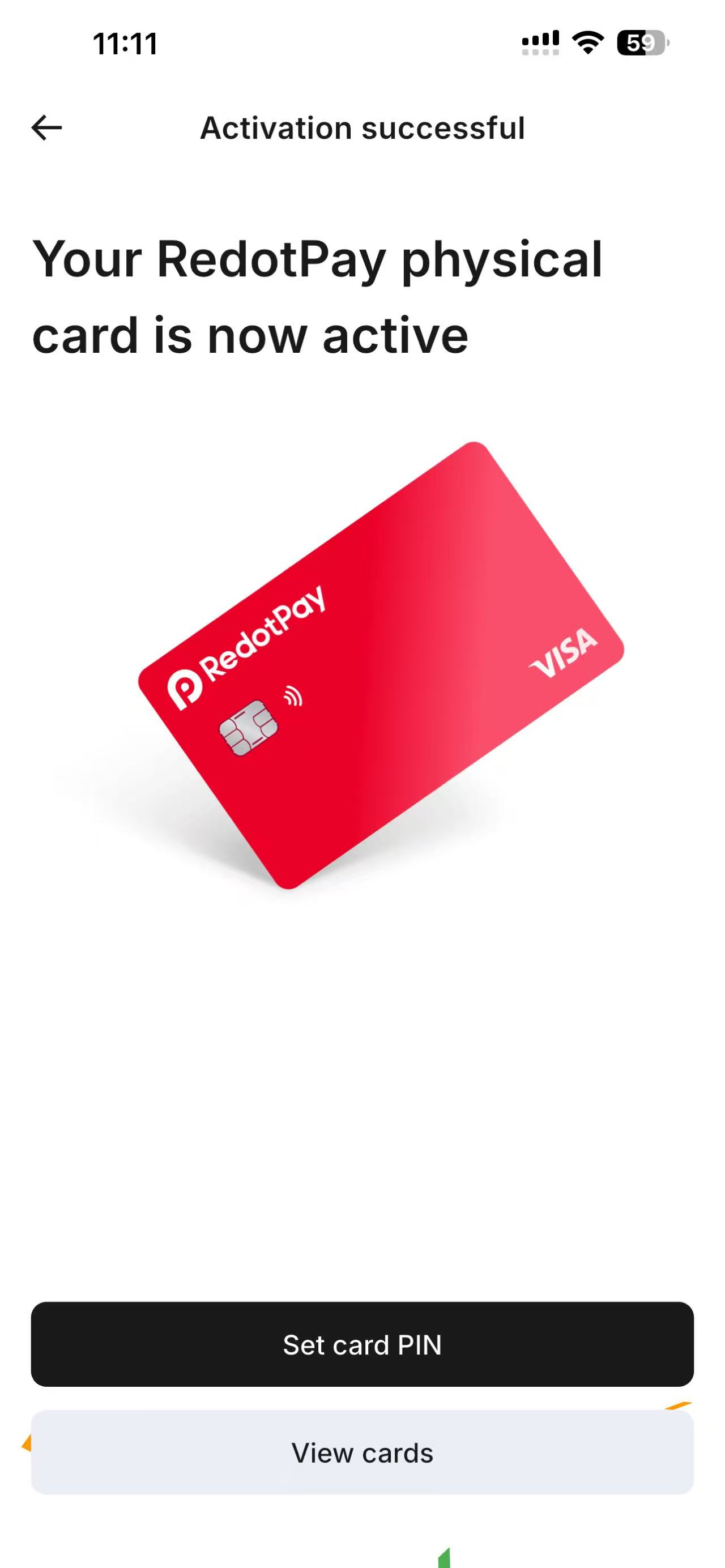 RedotPay physical card activation successful screen