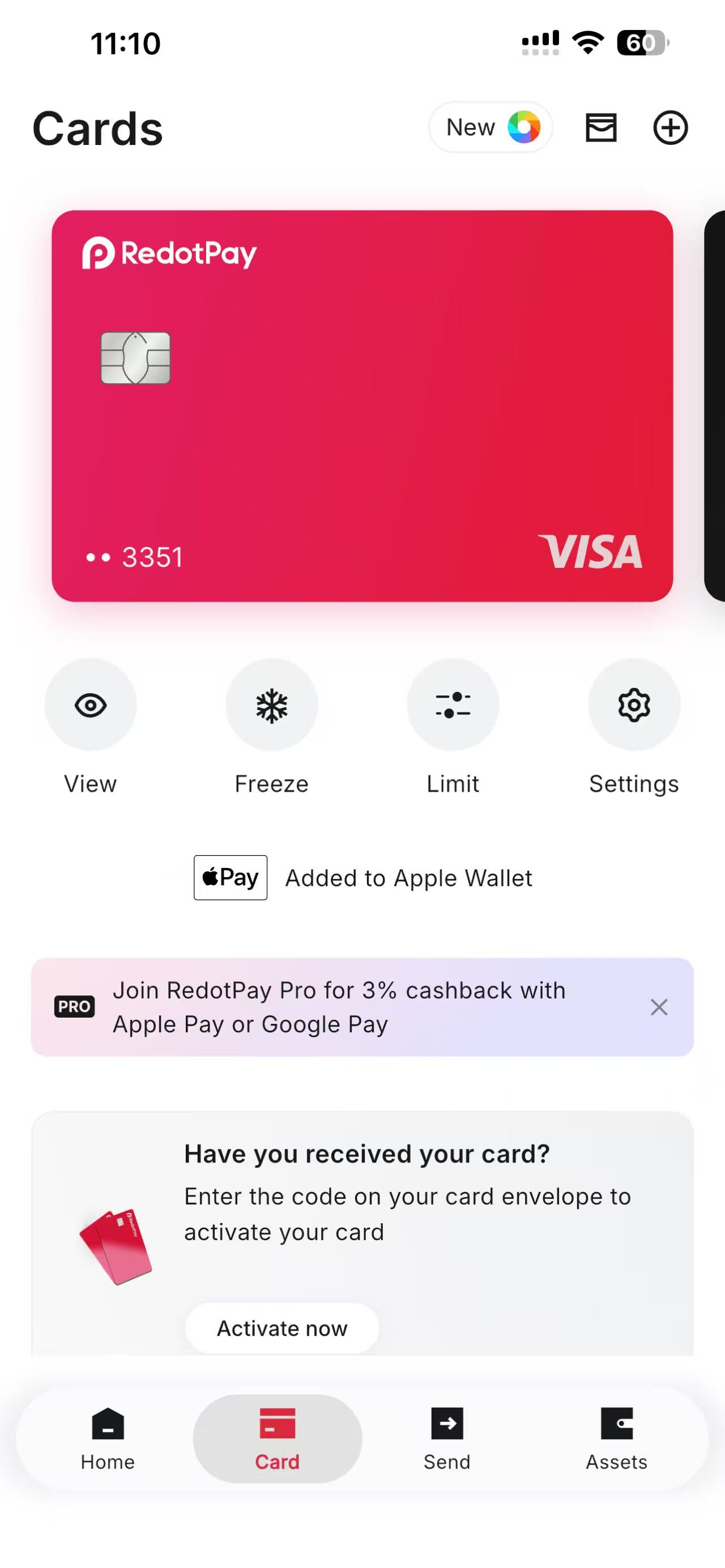 RedotPay app Cards screen showing Activate now button