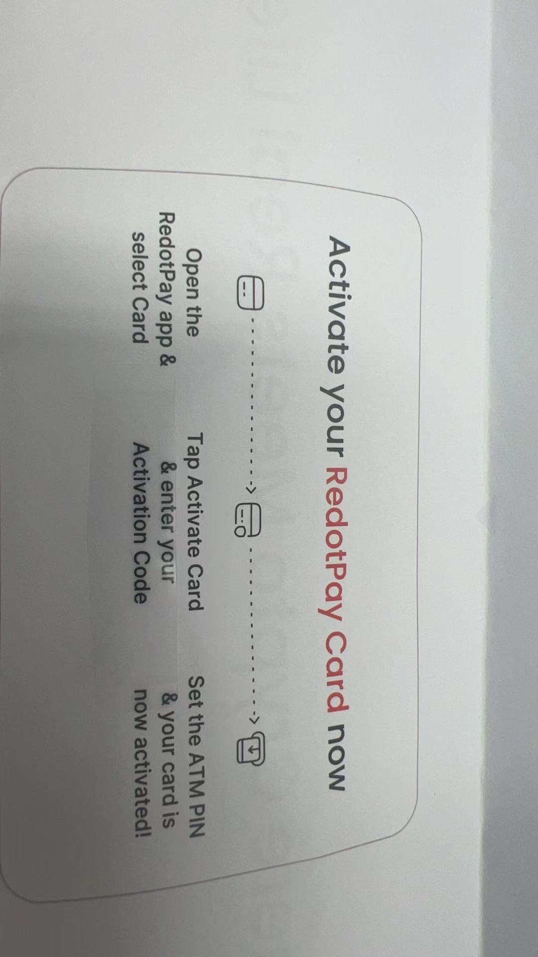 RedotPay card envelope showing activation instructions