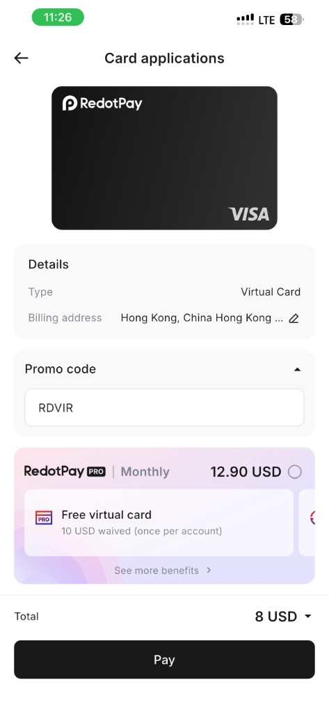 RedotPay virtual card checkout RDVIR applied total 8 USD