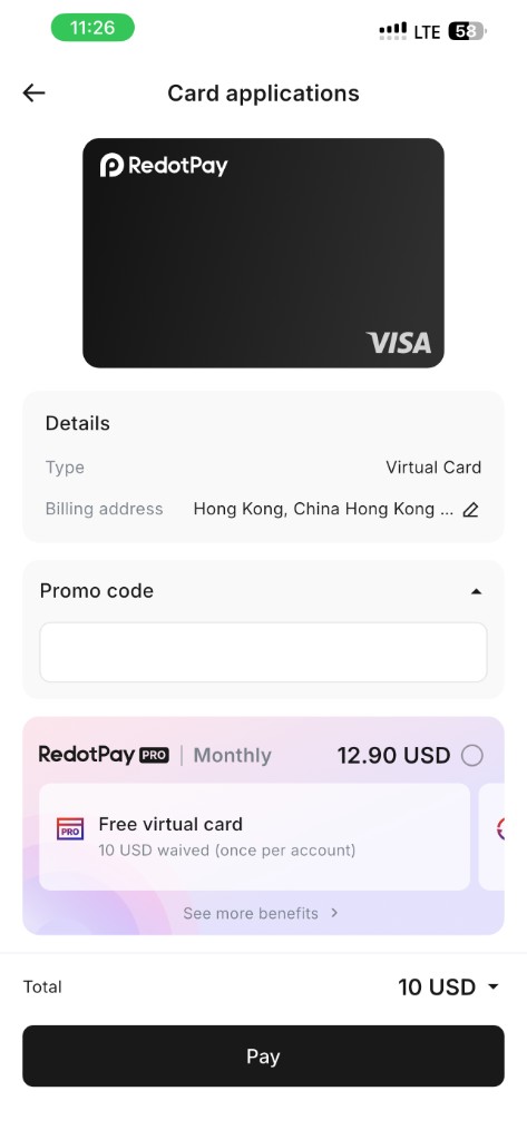 RedotPay promo code checkout before RDVIR, $10 total, verified 4 September 2026