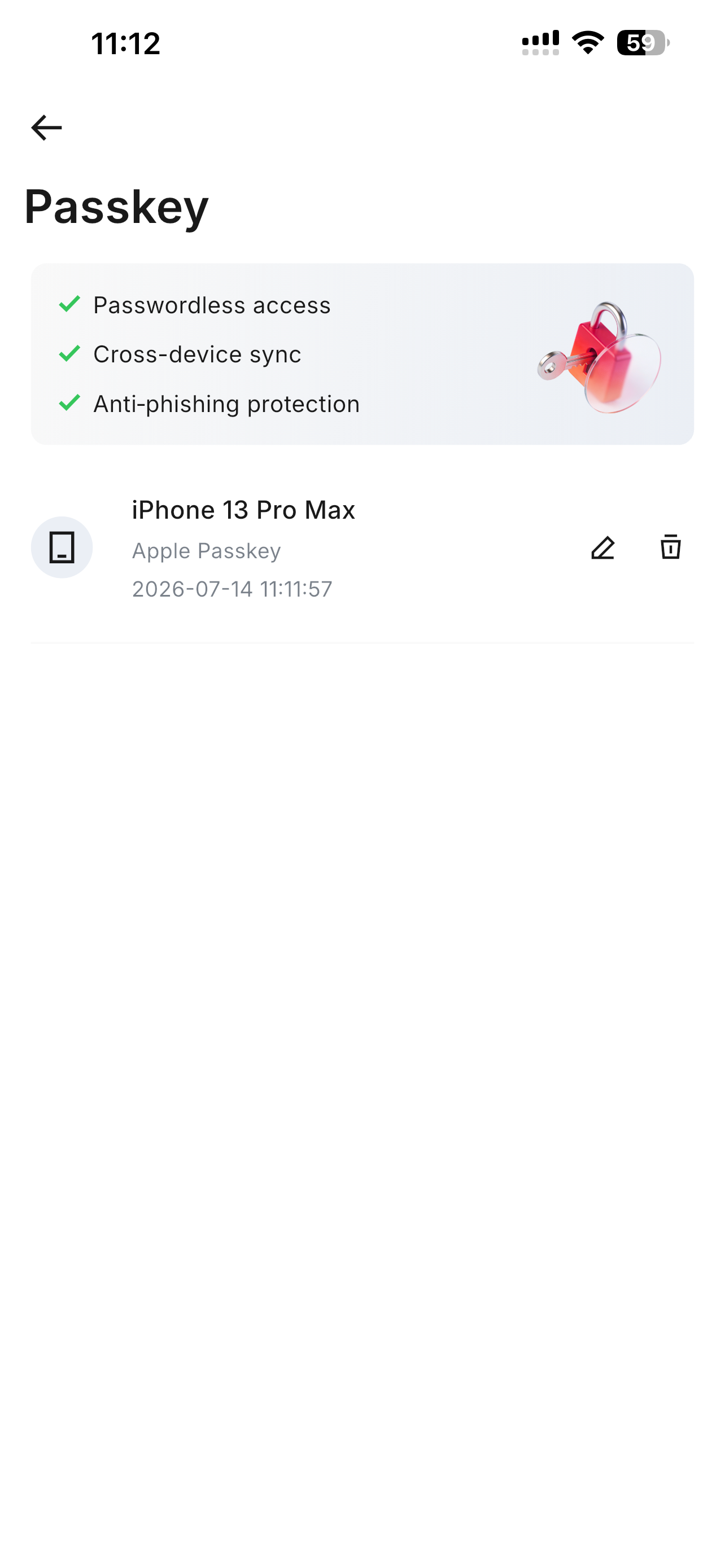 RedotPay Passkey management screen showing iPhone 13 Pro Max
