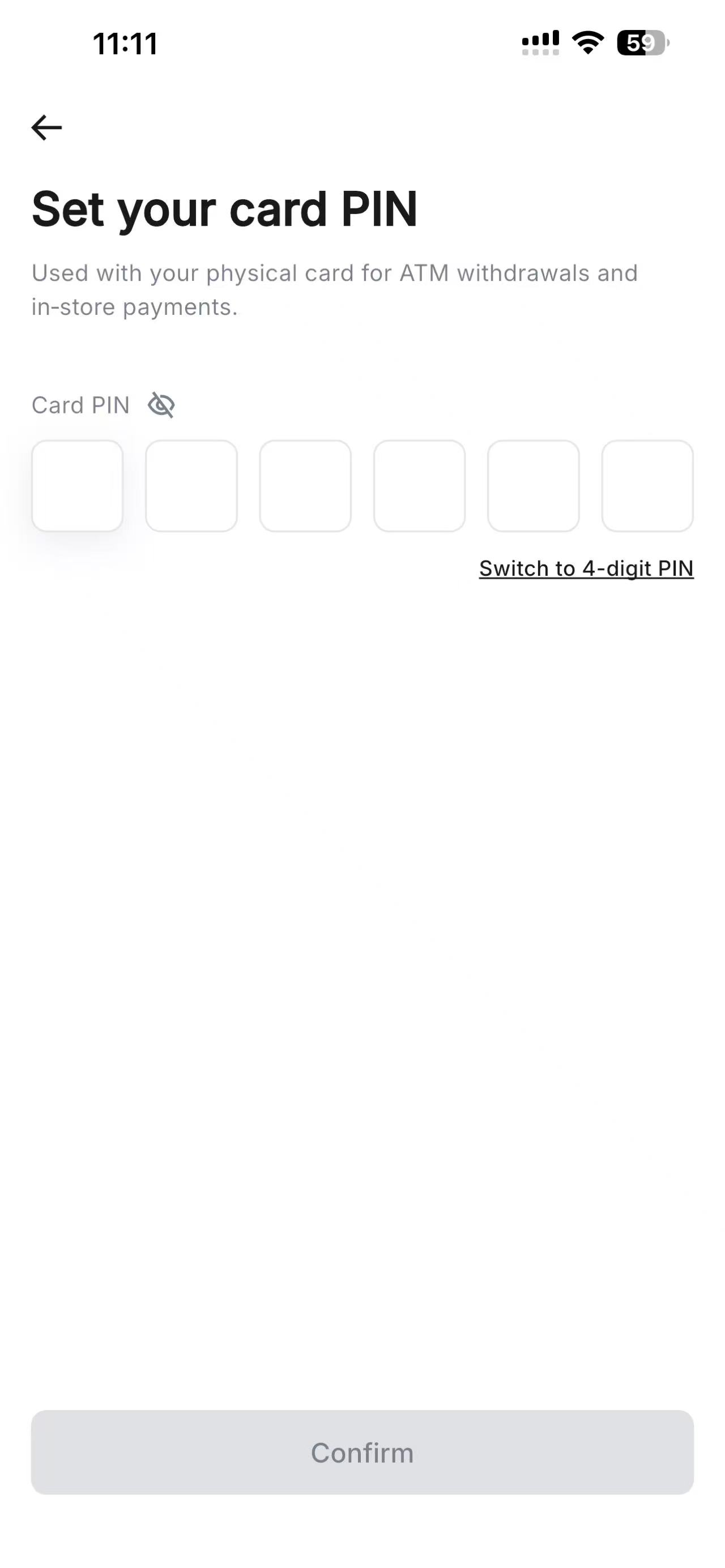 RedotPay card PIN setup screen